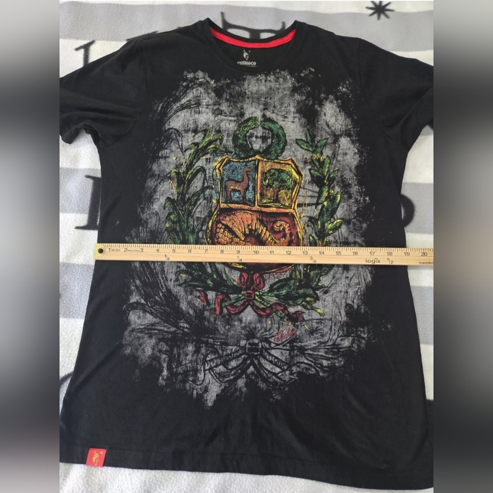 T-SHIRT MEN'S BLACK  PERÚ ESCUDO FUSHOCO 100% COTTON LARGE - Picture 10 of 11